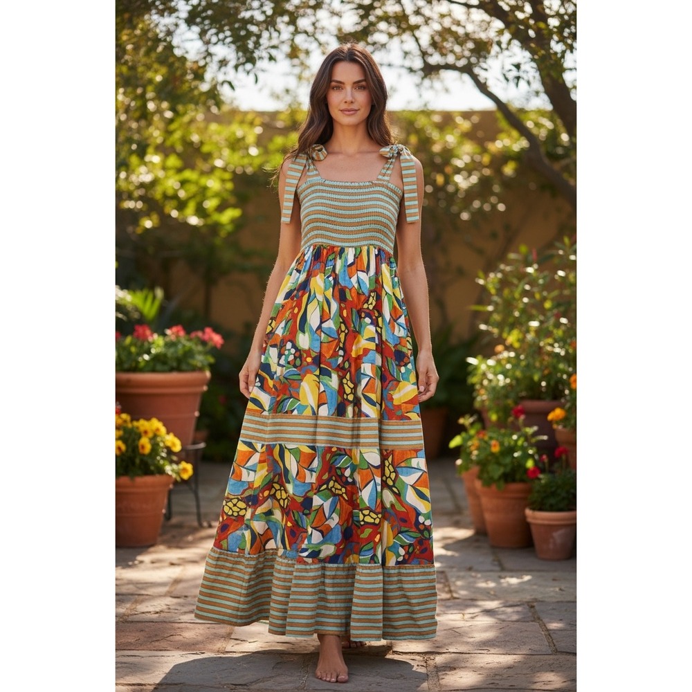 Bucketlist Abstract Floral Smocked Maxi Dress Small Multicolor Tie Strap‎ D4142